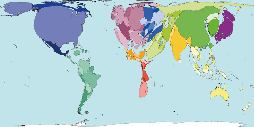 Illustrasjonbilde av størrelse på land i verden i forhold til utslipp av CO2. Illustrasjon fra www.worldmapper.org.